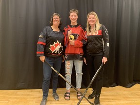 Ladies Who Lead: Shannon McMannis, founder of Ladies Who Lead, Carling Ruddell, a Brantford hockey player and Dr. Hayley Wickenheiser backstage at the Sanderson Center on Tuesday.  Wickenheiser spoke at the Sanderson Center at an event organized by Ladies Who Lead
