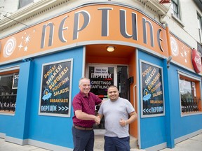 Rob Noel (left) has sold the Neptune Diner and its building. The space will be filled now by Miguel Guerrero's Mexican eatery. Photo taken in London on Tuesday May 16, 2023. Derek Ruttan/The London Free Press/Postmedia Network