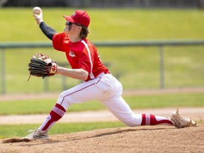 Pitcher Tyler Law of the Woodstock Collegiate Red Devils delivers against Parkside Collegiate during their TVRA high school baseball game on Wednesday May 24, 2023 at Emslie Field in St. Thomas. (Mike Hensen/The London Free Press)