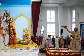 A priest during the third day of Murti Pran Pratishtha, which are the opening ceremonies of a Hindu temple, at the Sanatan Mandir Cultural Society in Fort McMurray on May 22, 2023. Vincent McDermott/Fort McMurray Today/Postmedia Network