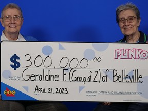 Geraldine (Gerry) Fobert and Joyce Brady of Belleville are celebrating after winning a $300,000 prize with Instant Plinko. OLG