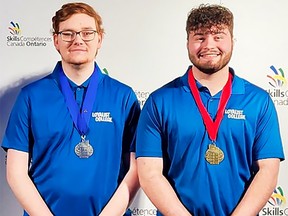 Loyalist College Mechatronics student Dylan Ferguson and Manufacturing Engineering Technician student Yale Botly, competing in the Mechanical CAD category, won silver and gold, respectively, at the 2023 provincial Skills Ontario Competition on May 1 and 2 in Toronto. SUBMITTED PHOTO