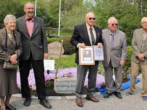 Unveiling the ancestral memorial stones in Wallbridge Tuesday were from the left: Shirley Coulton, Hastings County Historical
Society President Gary Nicoll, author of A Place Called Wallbridge and chairman for the ceremony Alex McNaught, Quinte West Mayor Jim Harrison and Grimmon Ketcheson.  JACK EVANS PHOTO
