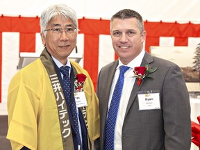 Yasushi Harada (left), president of Mitsui High-tec (Canada) Inc., was joined by Toyota Motor North America Vice President, purchasing and supplier development, Ryan Grimm on Friday, April 28 for the grand opening of Mitsui's second production facility in Brantford.