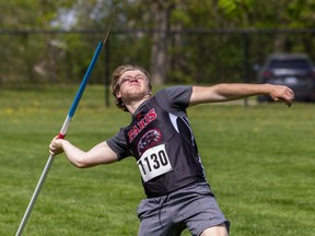 Orion Saulnier of Paris District High School competes in the senior boys javelin event on Thursday May 11, 2023 during the AABHN high school track and field championships at Kiwanis Field in Brantford, Ontario. Brian Thompson/Brantford Expositor/Postmedia Network