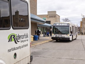 A Ride Norfolk bus drops off passengers at the Brantford Transit terminal.