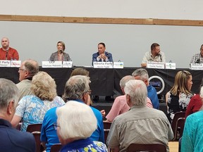 Over 400 people attended the Livingstone-Macleod All Candidate Forum at the Claresholm Community Centre on Monday, May 15. From left are Dylin Hauser, Alberta Liberal Party, Chelsae Petrovic, United Conservative Party, Kevin Todd, Alberta Party, Corrie Toone, The Independence Party of Alberta, and Kevin Van Tighem, Alberta NDP.