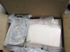 A close-up of some of the 60 bricks of cocaine seized by CBSA officers from a commercial truck at the Ambassador Bridge on April 17, 2023.