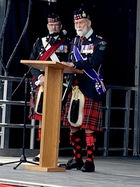 Prince Michael of Kent addresses a crowd gathered outside of the Civic Center in downtown Chatham on Sunday following the Freedom of the City exercise as Colonel-in-Chief of the Essex and Kent Scottish Regiment.  PHOTO Ellwood Shreve/Chatham Daily News