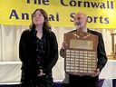 Julia Murphy and Lion Stuart Gordon, with the Jacques Richard Memorial Trophy plaque, at the 56th Benson Cornwall Lions Club Sports Awards Dinner. Photo of Wednesday, May 10, 2023, in Cornwall, Ont. Todd Hambleton/Cornwall Standard-Freeholder/Postmedia Network