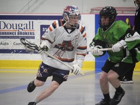 Cornwall Celtics player Ewan McMaster checks a North Shore Kodiaks ball carrier in Sunday night's game at the Benson Centre. Photo on Sunday, May 14, 2023, in Cornwall, Ont. Todd Hambleton/Cornwall Standard-Freeholder/Postmedia Network