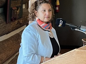 Sen. Bernadette Clement speaking at the celebration held in honour of Maison Baldwin House executive director Debbie Fortier. Photo on Friday, May 19, 2023, in Cornwall, Ont. Todd Hambleton/Cornwall Standard-Freeholder/Postmedia Network