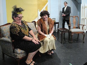 From left, Mari Cheffer as Florence, Alison Lattimer as Meg, and Matt Lattimer as Duncan during a rehearsal for Leading Ladies, the newest production of the Seaway Valley Theatre Company, held on Sunday April 30, 2023 in Cornwall, Ont. Greg Peerenboom/Special to the Cornwall Standard-Freeholder/Postmedia Network