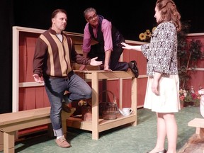 Paul Butler, from left, as Gary Fluck, Kevin Shipley as Beverly Woytowich and Mary Kennedy as Janey Fluck in "Hilda's Yard," playing at the Domino Theatre in Kingston through May 13, 2023.