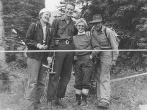 Helen Belyea in 1955 with colleagues at Hummingbird Reef, Alta.