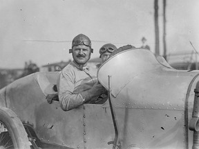 Race car driver Louis Chevrolet (1878-1941) and his riding mechanic at the 1916 Astor Cup