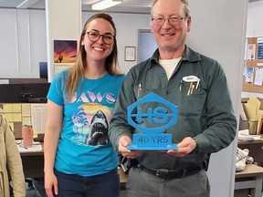 A beloved Heath and Sherwood employee has retired after 40 years of service to the company. On April 28, Don Campbell officially retired from his position as fabrication shop supervisor. Meagan McLaughlin, Production Supervisor, presented Campbell with a sculpture honouring his years of service. SUBMITTED PHOTO