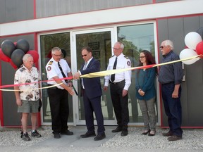 The Municipality of Bluewater held an open house Saturday, May 13 to unveil its newly-renovated fire station in Zurich and to celebrate the retirement of fire chief Dave Renner. From left are Coun. Peter Walden, Renner, Mayor Paul Klopp, Zurich district chief and Bluewater acting chief Dave Erb, Coun. Winona Bailey and Deputy Mayor John Becker.