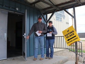 Mayerthorpe voters Tyler and Breanna White arrived at the Diamond Centre to cast their votes in the 2023 Alberta election.