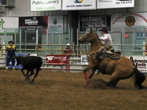 Mayerthorpe athlete Koby Ziemmer competed in calf roping at the Mayerthorpe Rodeo on Saturday night.