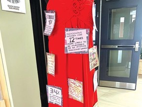 Photo credit to Jayson Stewart
To honour Missing and Murdered Indigenous Women and Girls, students and staff placed a red dress with information and a basket of moose hide tags in the foyer of Espanola High School.