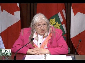 Brenda Scott, co-chair of the Grey Bruce Health Coalition, in a screenshot from a news conference at Queen's Park in Toronto Thursday, May 18, 2023.