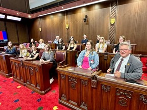 Senator Rob Black addresses the members of the RCDSB student senate during their end-of-year student senate meeting held in a committee room in the offices at the Senate of Canada.