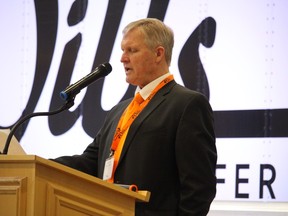 Wills Transfer Ltd. president Terry Wills speaking at the grand opening celebration for his company's new distribution centre. Photo on Tuesday, May 2, 2023, in Ingleside, Ont. Todd Hambleton/Cornwall Standard-Freeholder/Postmedia Network