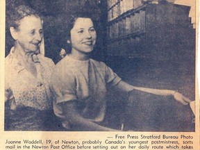 A newspaper clipping shows Joanne Waddell at the Newton post office with her assistant, and grandmother, Wilhelmine Drawbridge. (Stratford-Perth Archives)