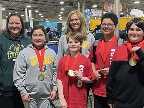 Members of the Upper Thames elementary school (UTES) character animation team that won gold at the Skills Ontario event in Toronto May 1 included teacher Cheryl Hopkins (left), Evelyn Ward, Porter Harbinson, teacher Jody Horne, Sam Dennis and Edwin Emmerson. SUBMITTED