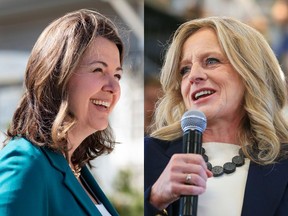 Danielle Smith, left, and Rachel Notley in Calgary at the beginning of the 2023 Alberta provincial election on May 1, 2023.