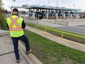 Usman Qureshi, maintenance and facilities manager at the Blue Water Bridge, watches at the start of an emergency response simulation Friday.  (Paul Morden/The Observer)