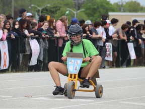 Lily Bressette, a student at Sarnia's Northern Collegiate, heads for the finish line Friday at a Vikes on Trikes fundraiser at the high school.  Paul Morden/The Observer