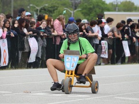 Lily Bressette, a student at Sarnia's Northern Collegiate, heads for the finish line Friday at a Vikes on Trikes fundraiser at the high school. Paul Morden/The Observer