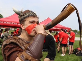 Student Nolan Allison is dressed as the Viking mascot for Sarnia's Northern Collegiate Vikes on Trikes fundraiser at the high school Friday. Paul Morden/The Observer