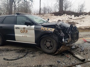 Lambton OPP said one of their cruisers was rammed while chasing a suspect on Dec. 30, 2022. (Twitter)