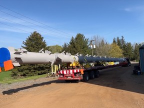 This 54-metre, more than 12-tonne flare stack was trucked by Mammoet from its Ingersoll manufacturer via 400-series hIghways and Sania-Lambton’s oversized load corridor to Shell’s isopropyl alcohol plant in Corunna this week, a Shell spokesperson said. (Supplied)