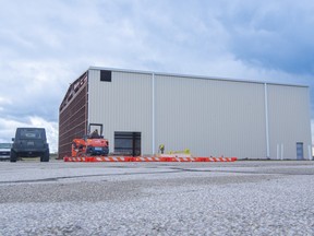 A hangar under construction in March 2023 at Sarnia's airport