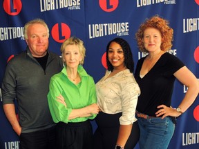 Norm Foster's Come Down From Up River is now on stage at the Lighthouse Festival Theatre in Port Dover. Cast and director include, from left Ralph Small as Shaver Bennett, Director Sheila McCarthy, Fuschia Boston as Liv Arsenault, and Eliza-Jane Scott as Bonnie Doyle.
