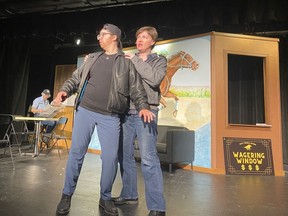 Rehearsals are underway for the Simcoe Little Theatre production of the musical-comedy Race Day. MacKenzie Tigwell as Gerard and Christy Miedema as Chester rehearse at scene on Tuesday, April 25.The play runs May 4 to 14.