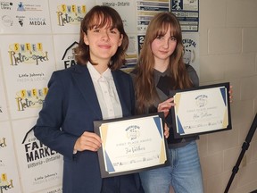 Team ZAI won the inaugural Youth Film Challenge held as part of Watch Local Week recently.  Team members include Zoë Veldhuis, left, and Alex Sullivan, who walked the red carpet, and Isabel Saudade (absent).  CONTRIBUTED