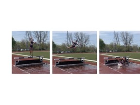 Josh Burke of Pauline Johnson Collegiate has some fun during the 2,000-metre open steeplechase during the Athletic Association of Brant, Haldimand and Norfolk track and field championship at Kiwanis Field. Brian Smiley/Expositor Staff