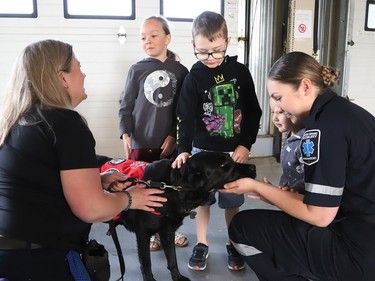 Primary handler Lyndsay Ungar, left, and facility dog NSD Neely interact with Juliette Lang, 8, her brothers, Owen 6, and Adrien, 2, and new paramedic Emily Hewitt at the launch of Paramedic Week at the Lionel E. Lalonde Centre in Azilda, Ont. on Tuesday May 23, 2023. During the event, 14 new paramedic recruits were recognized for completing their orientation and they were welcomed to the paramedic service. John Lappa/Sudbury Star/Postmedia Network