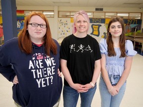 Delhi District Secondary School's new 15-member drama club is excited to present the comedy, The Hallmarks of Horror by Peter Bloedel, to the community on May 4-5. Doors open at 6:30 and shows start at 7 p.m. both nights. Admission is $5. From left are Hannah Zehr, DDSS drama teacher Jenna Thompson, and Julia Gatti. CHRIS ABBOTT