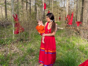 Patricia Marshal and her daughter Hera wore red on May 6 during the first Honoring MMIWG2S+ event in Tillsonburg organized by the Ingersoll and Area Indigenous Solidarity & Awareness Network.  The empty red dresses and scarves served as a symbol of lost lives, raising awareness for Missing and Murdered Indigenous Women, Girls and Two-Spirit People.  SUBMITTED