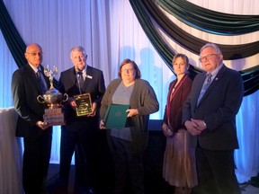 Dave Rusnak, on the left, was the recipient of this year's Delhi & District Chamber of Commerce Citizen of the Year award presented by Jim Norman, president of the Delhi & District Chamber of Commerce; Melissa Loshaw, constituent assistant for Haldimand-Norfolk MP Leslyn Lewis; Haldimand-Norfolk MPP Bobbi Ann Brady; and Norfolk County Ward 3 Councillor Mike Columbus at a gala ceremony May 17 at the Delhi German Home. CHRIS ABBOTT