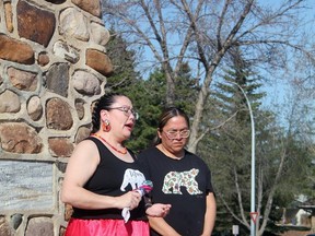 Sisters Cheryl Montour and Jolene Bonaise sang for the spirits of Missing and Murdered Indigenous Womean, Girls and Two-Spirited during a ceremony at the Wetaskiwin Peace Cairn May 5 — Red Dress Day.