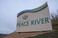 A sign for the Town of Peace River in Peace River, Alta. on Saturday, April 25, 2020.