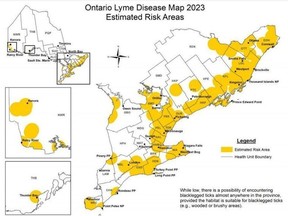 Public Health Ontario's map of Lyme disease estimated risk areas.