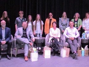 Participating in the Hawks’ Nest event on May 17 were, back left, finalists Olivia Schlosser, Cole, Sierra and Olivia Griffin, Amy Caperchione, Nicole Ireland, Monique Travale, Jennifer Osborn, Julia Downer and Sharon Black. Front left are Hawk investors Tony Solecki, Craig Beck, Rhonda Kirk, Howard Sher, Ed Bosman and Amanda Farrell.